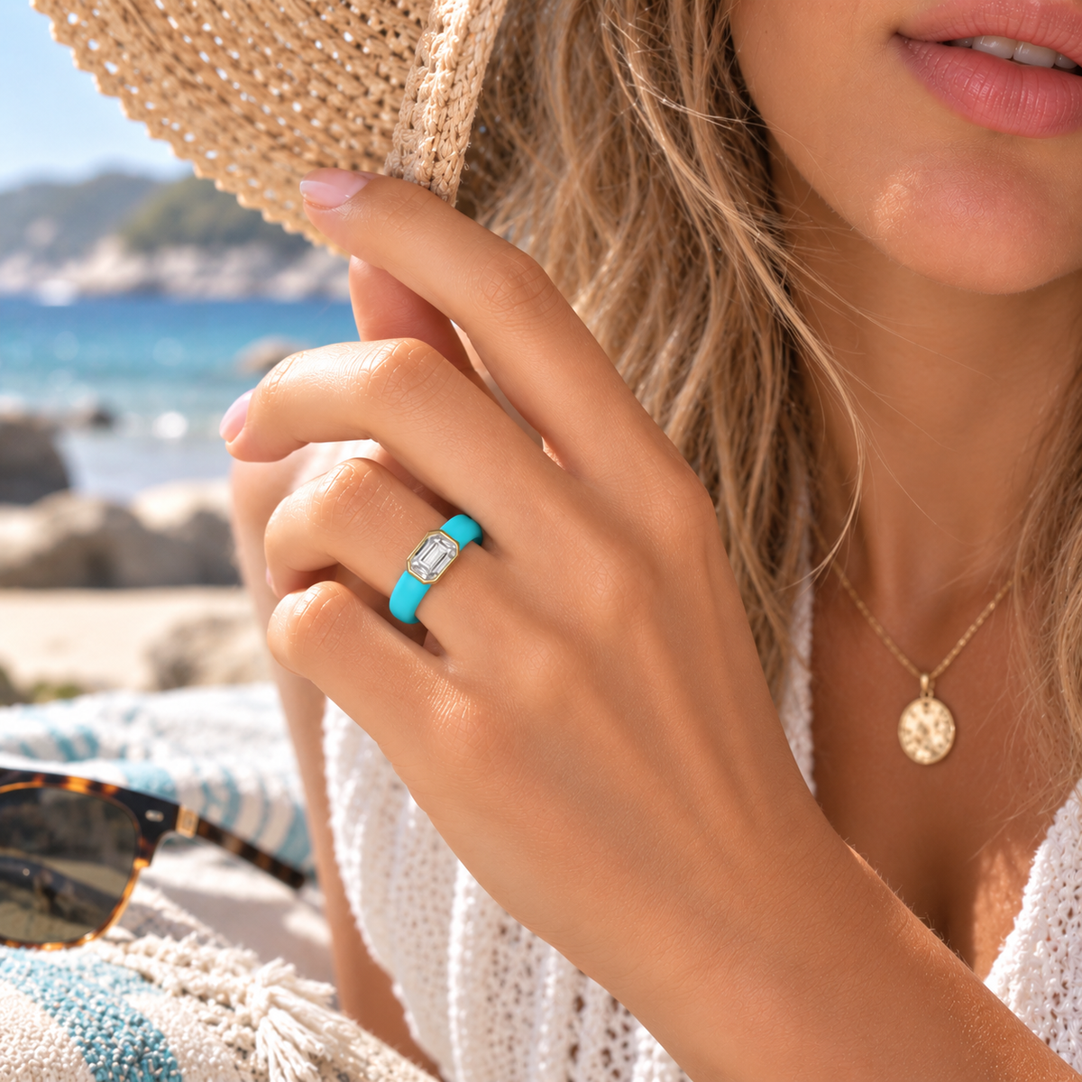 Waterproof 0.5ct Emerald Diamond Silicone Ring in Turquoise Worn at Beach Vacation