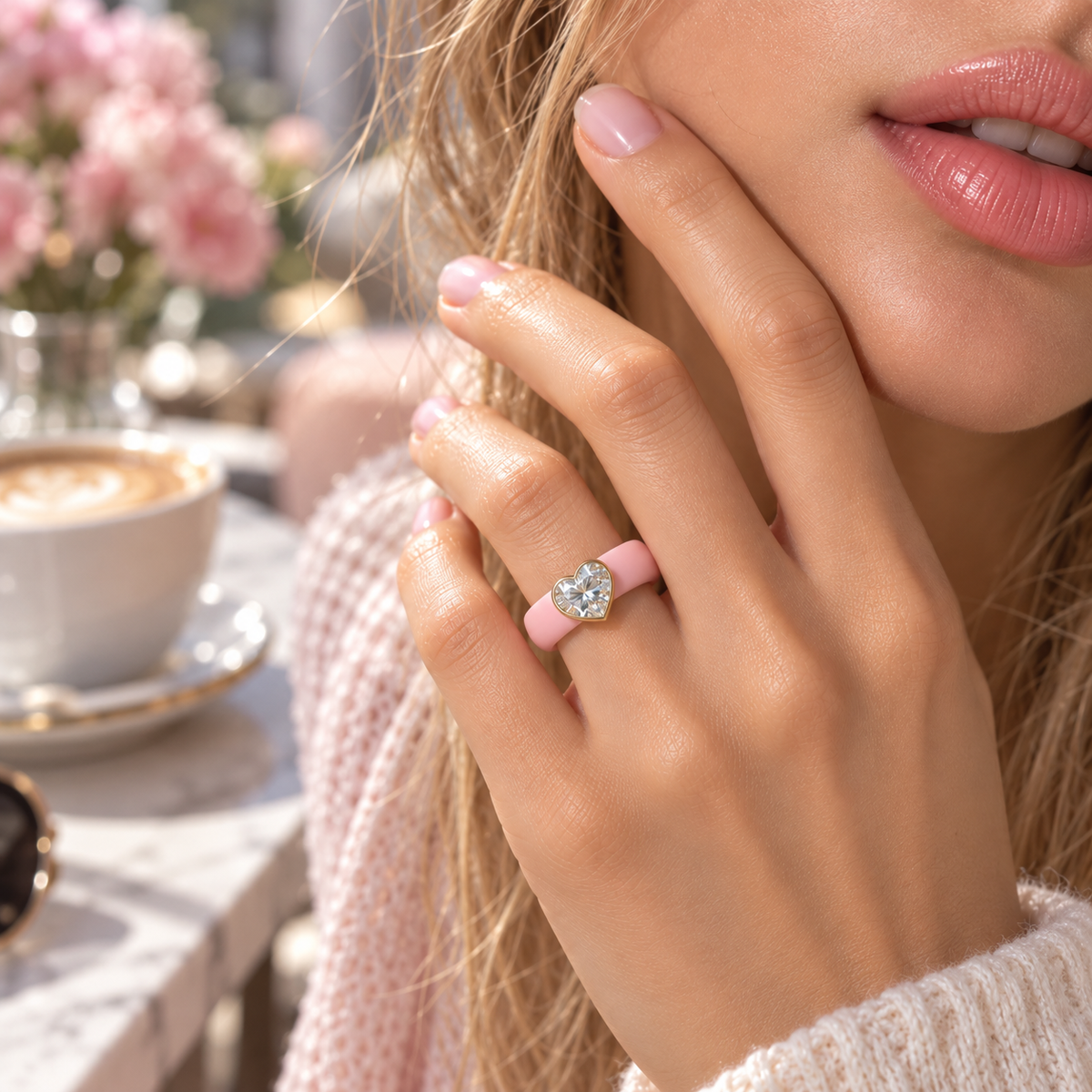 Romantic 0.5ct Heart Shaped Diamond Silicone Ring Worn in Cafe Afternoon Tea Setting