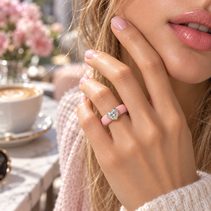 Romantic 0.5ct Heart Shaped Diamond Silicone Ring Worn in Cafe Afternoon Tea Setting