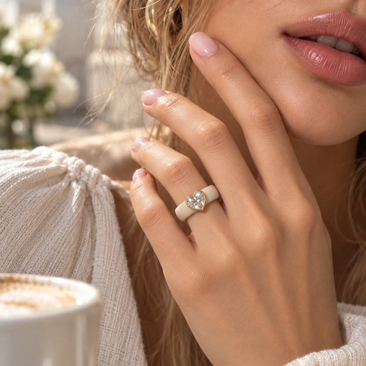 Model Wearing 0.5ct Heart Cut Lab-Grown Diamond Silicone Ring in Natural Daylight Lifestyle Setting