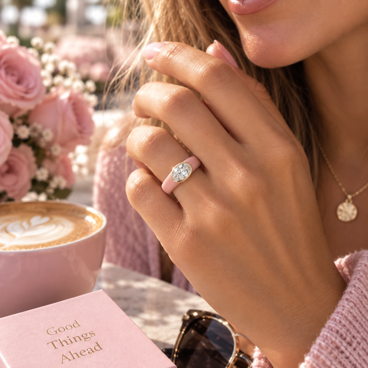 Soft Pink Oval Diamond Ring Paired with Knit Sweater - Everyday Chic Look
