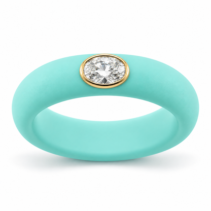 0.5ct Oval Lab Diamond Ring with Turquoise Aqua Silicone Band and 14K Gold Bezel