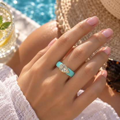 Waterproof 1ct Pear Lab-Grown Diamond Ring with Turquoise Silicone Band Worn by the Pool