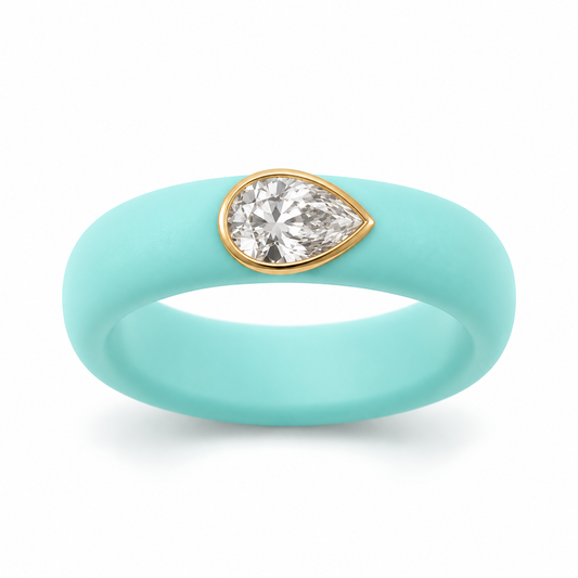 1ct Pear IGI-Certified Lab-Grown Diamond Ring with Turquoise Aqua Silicone Band and 14K Gold Bezel