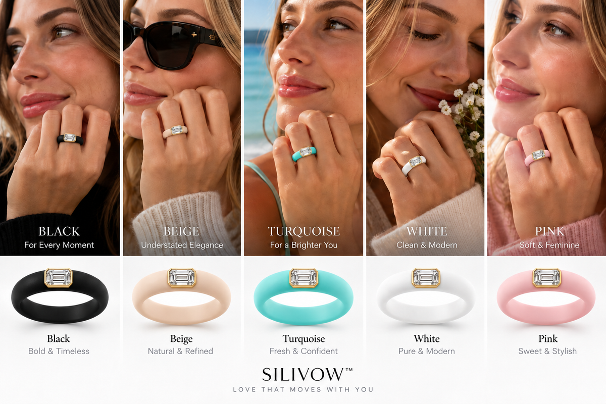 SILIVOW 0.5ct Emerald Cut Lab-Grown Diamond Ring 5 Silicone Band Colors and Fit Comparison